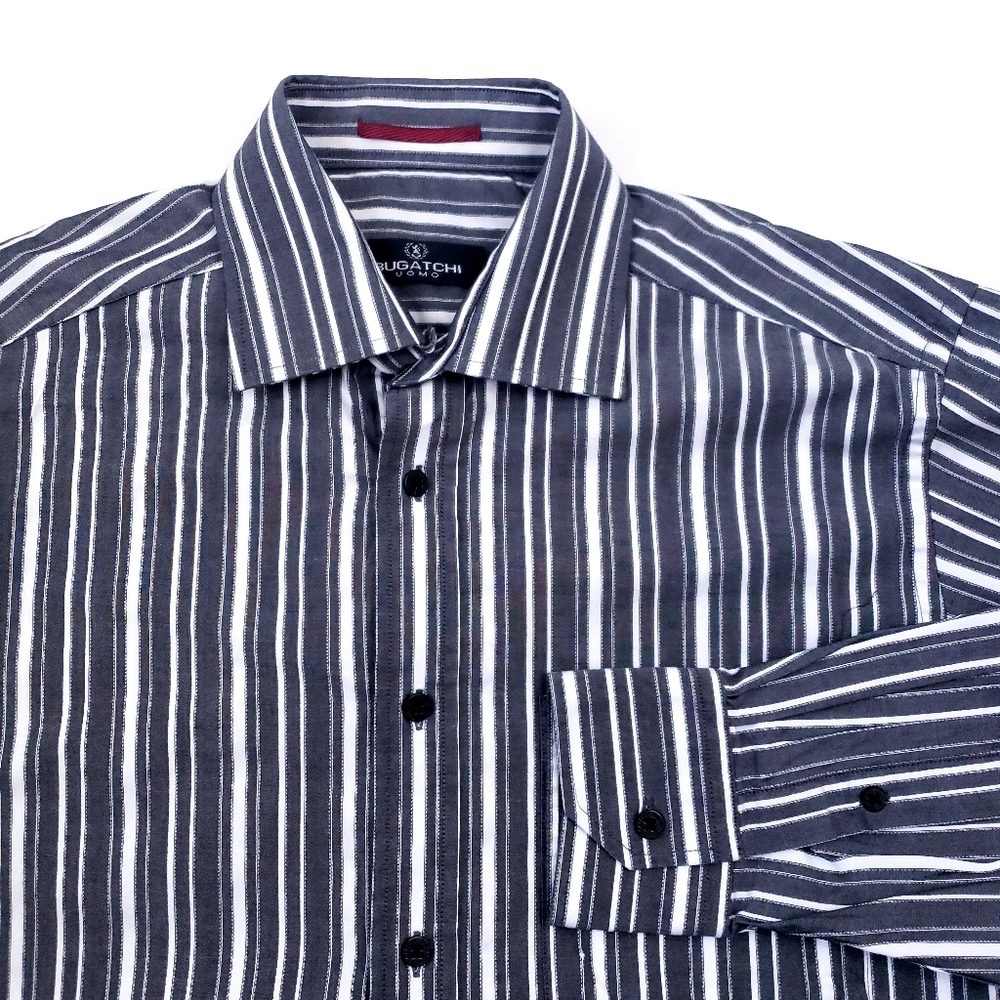 Bugatchi Gray and White Striped Shirt Size Medium